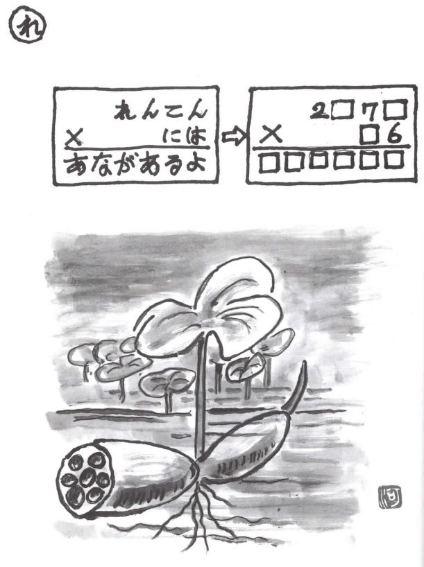 掛け算の覆面算－問題21”れんこんにはあながあるよ”（作者：河野儀三）