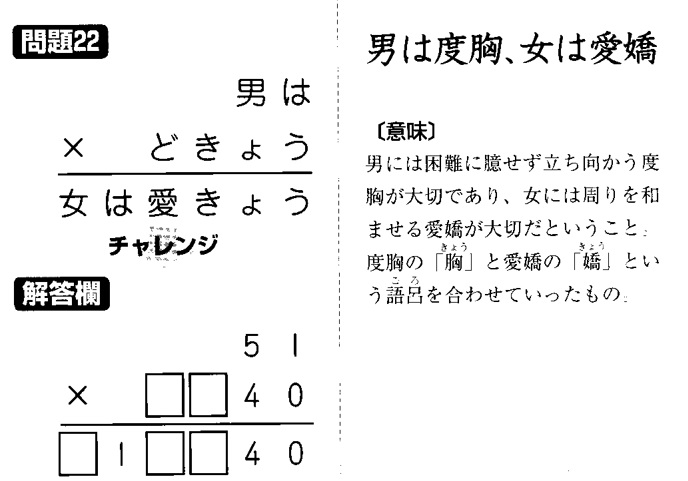 掛け算の覆面算－格言編-問題22（”男は度胸、女は愛嬌”：河野儀三）