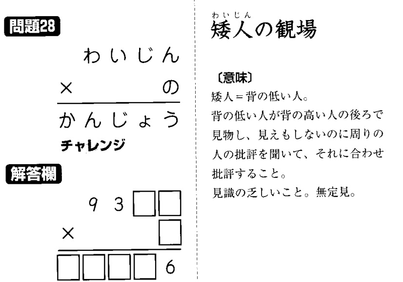 掛け算の覆面算－格言編-問題28（”矮人の観場”：河野儀三）