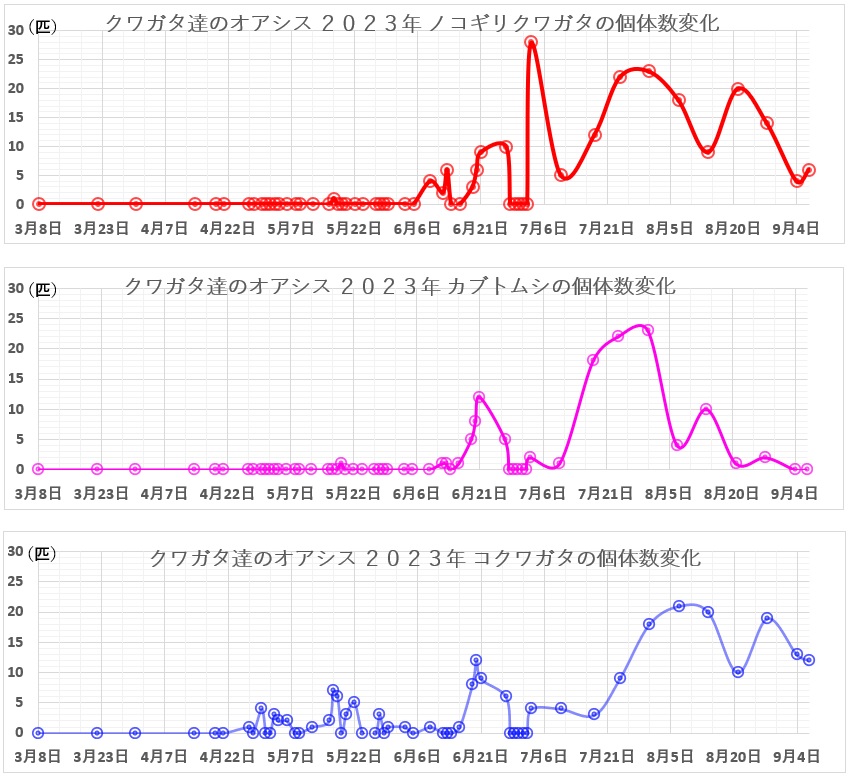 クワガタ達のオアシス2023年ノコギリクワガタ、カブトムシ、コクワガタの個体数変化